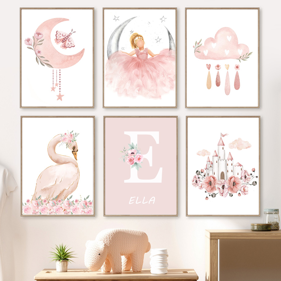 Baby Nursery Modern - Roze Engel Meisje Zon Maan Wolk