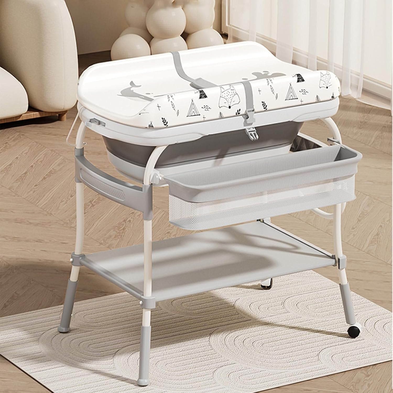 Baby Nursery Dresser Changing Table - 2-in-1 babycommode met bad Opvouwbare luierdressoirstation
