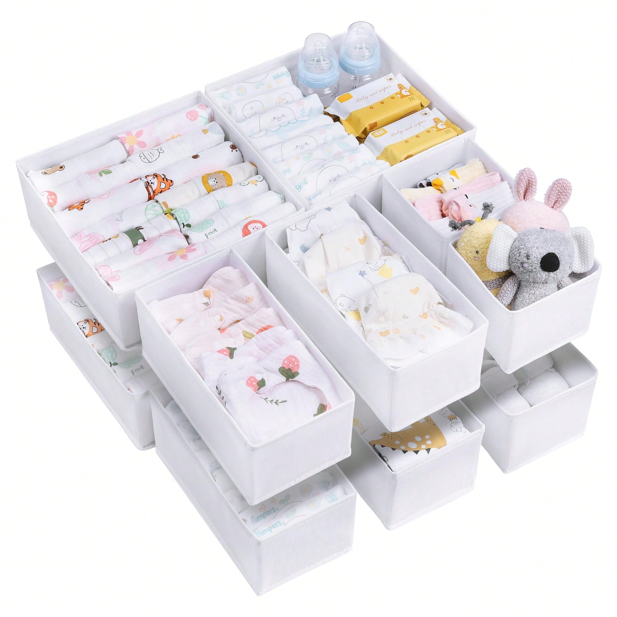 Baby Nursery Dresser Changing Table - 12-delige babykleding opbergset, witte stoffen opvouwbare
