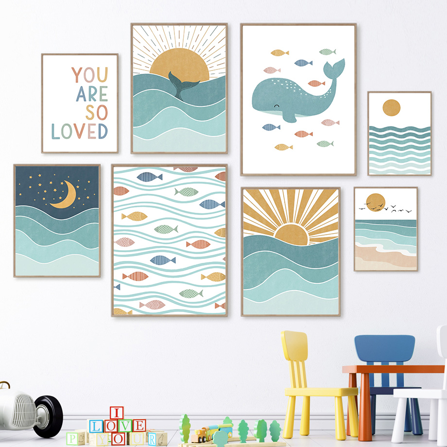 Baby Boy Nursery Quotes - (2D canvas schilderij) Vis Walvis Zeemeeuw