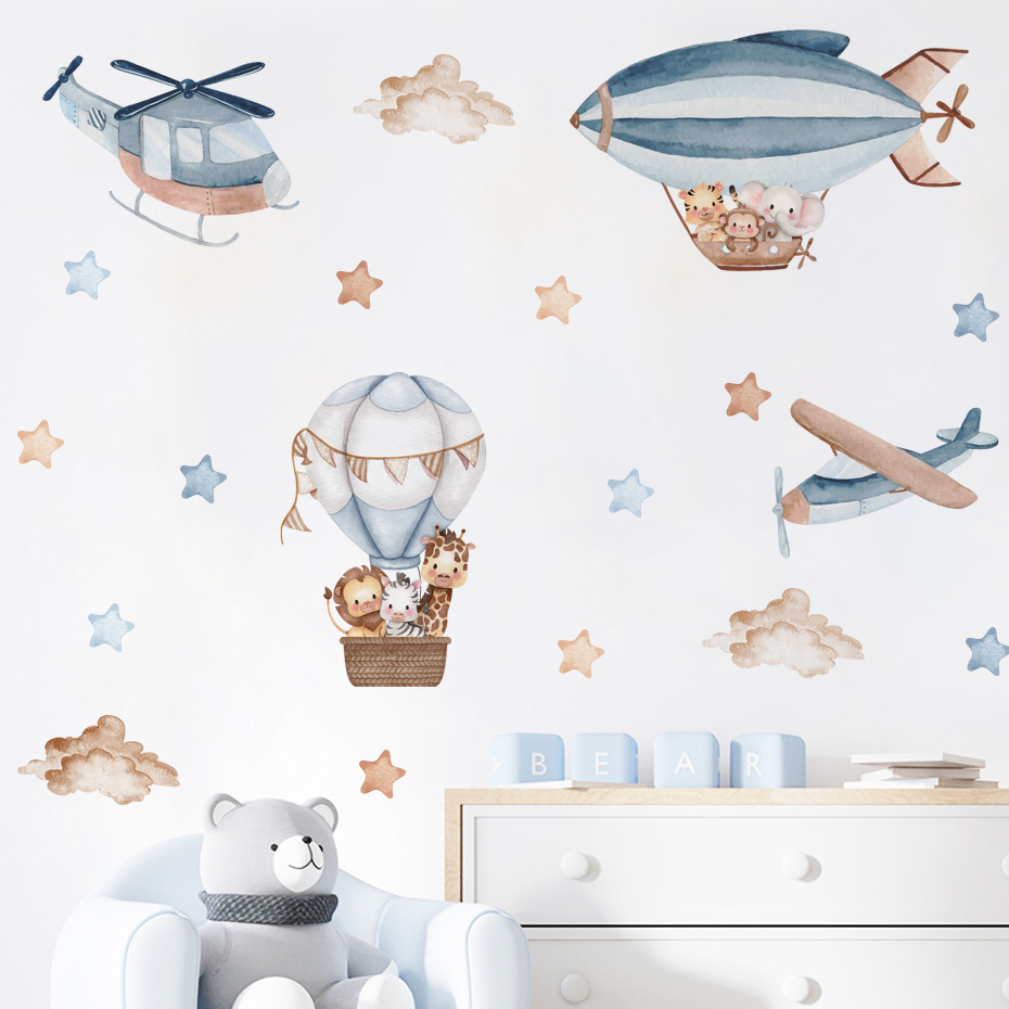 Baby Nursery Labels - Aquarel Dieren Luchtballon Wolken Muurstickers voor