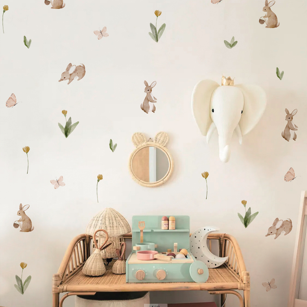 Baby Nursery Labels - Zomer aquarel schattige konijntjes en bloemen