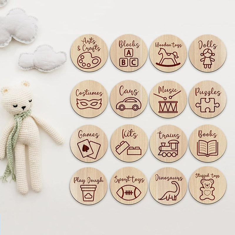 Baby Nursery Things - Houten opberglabels kinderkamerdecoratie opbergetiketten met illustraties