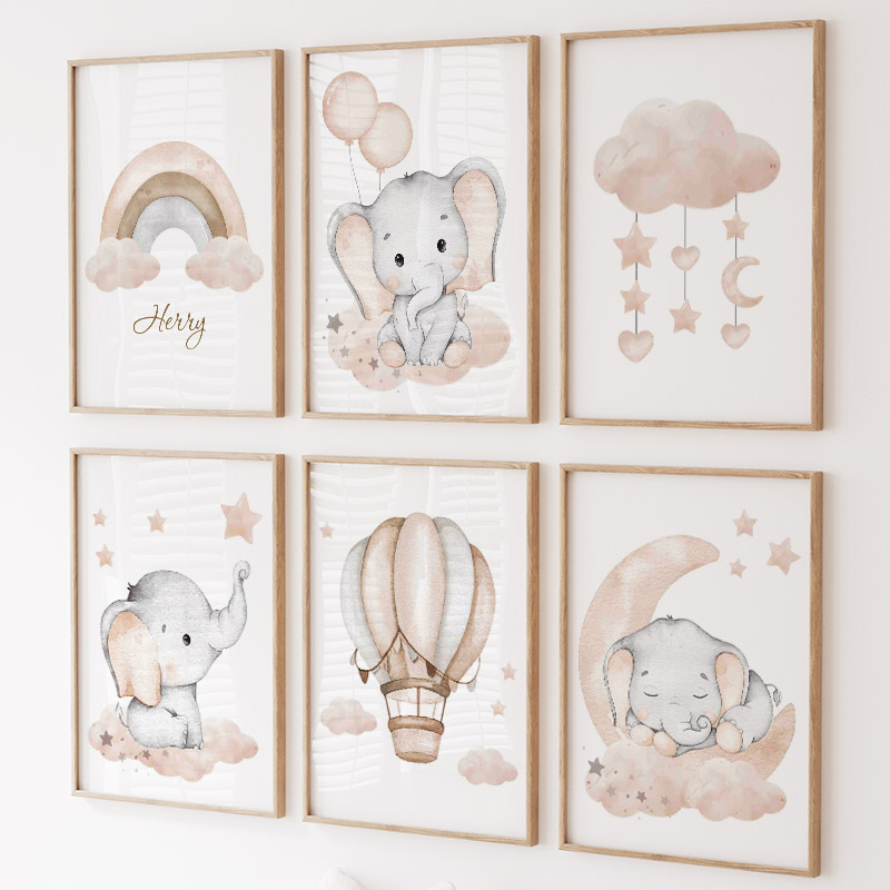 Baby Nursery Modern - Leuke Olifant Hot Ballon Maan Regenboog