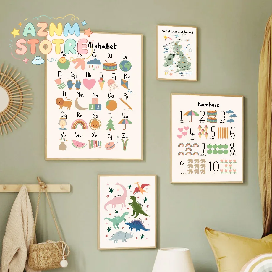 Baby Nursery Things - Dierenwereldkaart Dinosaurus Alfabet Nummer Canvas Wandkunst