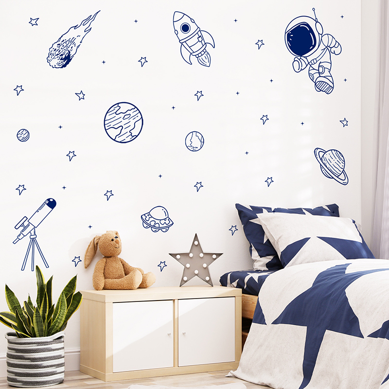Baby Nursery Labels - Cartoon Universe Astronaut Planeet Raket Muursticker